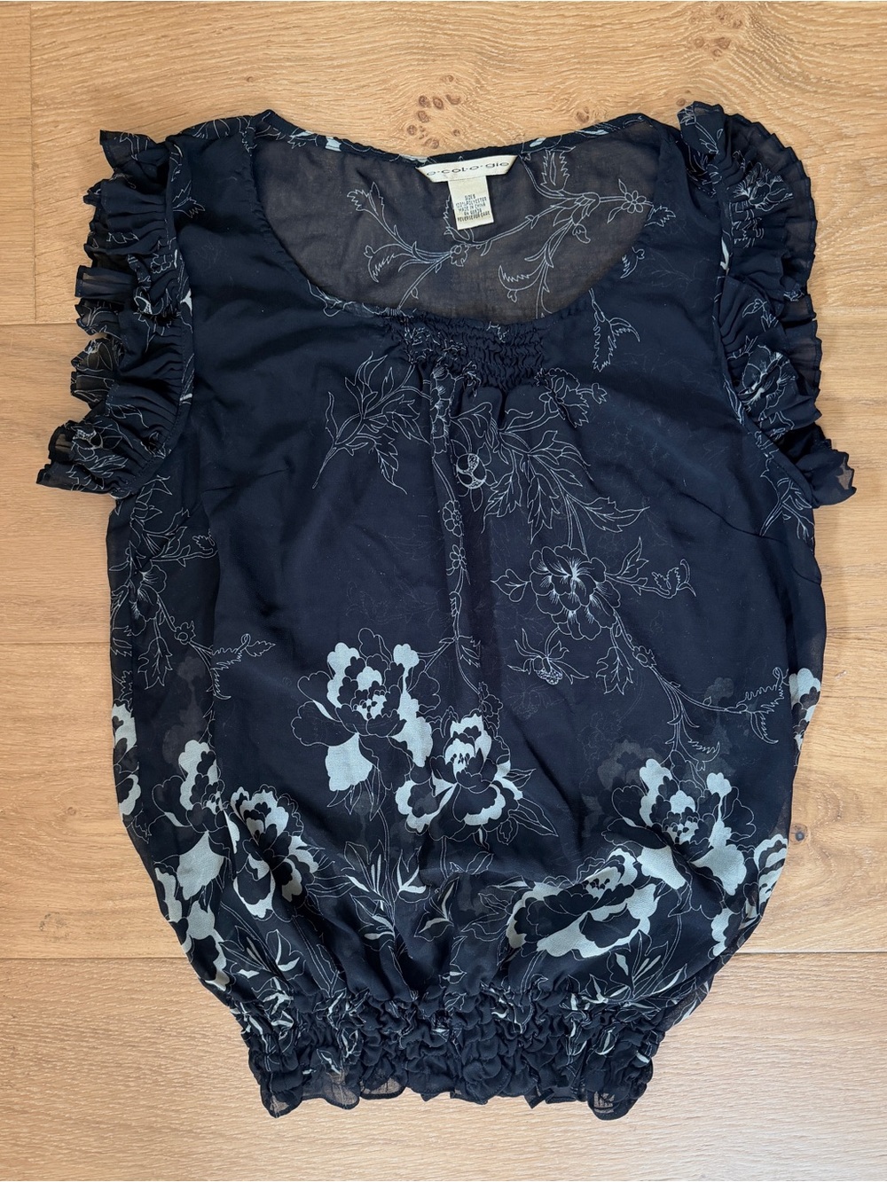 ecologie Bubble Hem Sleeveless Ruffle Top Blouse Black White Peony Floral Small